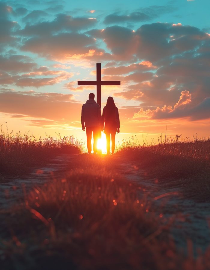 Religious couple praying to God outdoor at sunset. Christian religion concept background