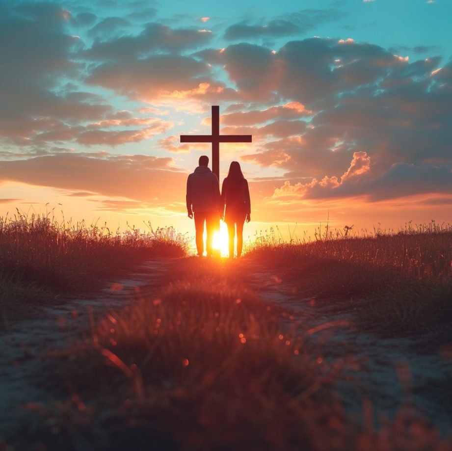 Religious couple praying to God outdoor at sunset. Christian religion concept background